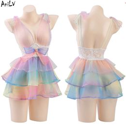 Ani Women Princess Elf Chiffon Rainbow Yarn Dress Uniform Cosplay Sweet Girl Candy Cake Pamas Outfits Costumes cosplay