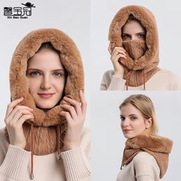 Women Wool Knitted Hat Ski Hat Sets Windproof Winter Outdoor Knit Thick Siamese Scarf Collar Warm Keep Face Warmer Pompoms Cap
