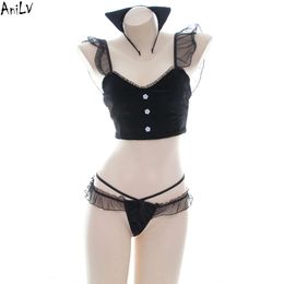 Ani Black Cat Girl Sexy Ruffle Maid Swimsuit Costume Summer Back Bandage Swimwear Ear Tail Uniform Set Pool Party Cosplay