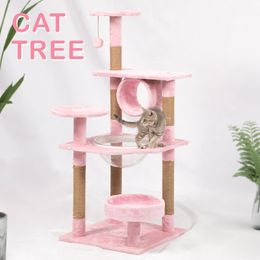 120cm 47.24 Inches Luxury Modern Plush Cat Tree Tower Climbing Pets Scratching House Posts Wooden Large Space Capsule Cat Condo