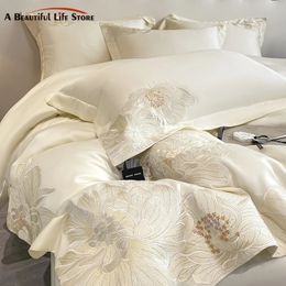 Bedding sets Milkshake White 600TC Egyptian Cotton Flowers Embroidery Bedding Set 100% Cotton Duvet Cover Set Bed Sheet Pillowcase Queen King 231101