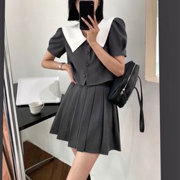 Two Piece Dress Korean College Style Blazer Skirt Suit for Women Female Cute Doll Collar Puff Sleeves with Mini Pleated 2 Set 230331