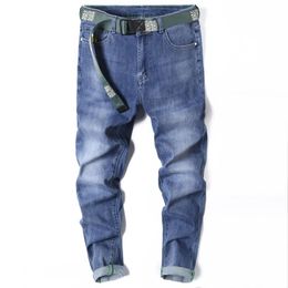 Men's Jeans Slim Fit Men Light Blue Elasticity Fashion Pockets Designer Cropped Pants Casual Ankle Length Trousers Printing Boys