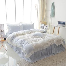 Bedding Sets Blue Lace Cotton Set Double Bed Lattice Sheet Gentle Lovely Girl Room Decorative Quilt Cover 3 / 4 Pieces
