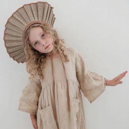 Girl Dresses Kids Dress European American Style Summer Baby Girls Cotton Linen Flared Sleeve Child British Casual Princess Pocket