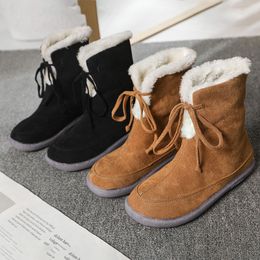 flat bottom medium boots lace-up woman cotton shoes black brown in winter outdoor sports sneakers