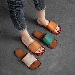 Slippers 2023 Fashion Cut-outs Women Shoes Summer Comfortable Retro Flower Flat Sandals Genuine Leather Lady Slides Woman