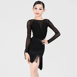 Stage Wear Black Long Sleeve Latin Dance Costume Two-Piece Girls Rumba Tango Dancing Performance ChaCha Practise Clothes VDB7455