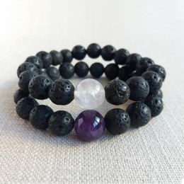 Tennis Bracelets 8mm Lava Stone Beaded Bracelet Set 10 Amethysts White Matching Couples Long Distance Relationship