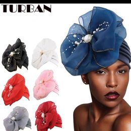 Ethnic Clothing Pearls Big Flower Turban Caps For Women Head Cover African Indain Hat Muslim Headscarf Bonnet Islamic Headwear Turbante