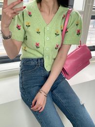 Women's T Shirts Korobov V-neck Contrast Color Cardigan Floral Embroidery Loose Short Puff Sleeve Sweater Crop Top Korean Fashion Womens