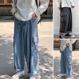 Men's Pants Men Cargo With Elastic Waist Crotch For Wide Leg Zipper Closure Multiple Pockets Stylish Long Trousers