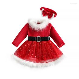 Girl Dresses Christmas Kids Princess Dress Sequin Mesh Long Sleeves With Belt And Headband For Wedding Party