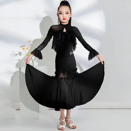 Stage Wear Ballroom Dance Clothing For Girls Black Long Sleeved Big Swing Skirts Suit Chacha Rumba Tango Latin Practise Dress DN16319