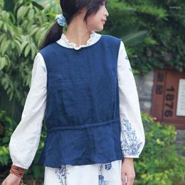 Women's Vests Johnature Women Double Linen Ruffled Vest O-Neck Sleeveless Casual Simple Belt 2023 Autumn Comfortable Vintage Clothing