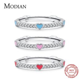 Solitaire Ring MODIAN 925 Sterling Silver Romantic 3 Colour Enamel Heart Finger Rings For Women Sparkle Clear CZ Band Valentine s Day Gift Anel 231101