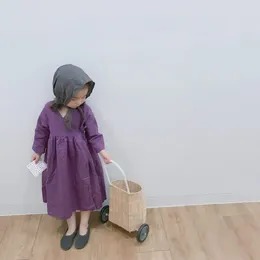 Girl Dresses Autumn Korean Style Retro Children Girls Cotton Linen Dress Lateral Forepart Coat Long Sleeve Robe Pure Colour Kids