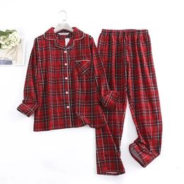 Women's Sleepwear Cotton Flannel Long Pants Pajamas Sets for Plaid Design Loose Autumn and Winter Sleeve Trouser Suits 231031