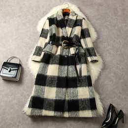 Spring Black Plaid Belted Wool & Blends Outwear Coat Long Sleeve Notched-Lapel Buttons Classic Long Outwear Coats L2N242194