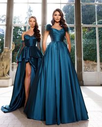 Elegant Blue Plus Size A Line Evening Dresses for Women Off Shoulder Feather Pleats Draped Satin Sweep Train Prom Dress Formal Wear Birthday Special Occasions Gowns