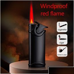 Lighters Lighters Metal Turbo Jet Lighter Windproof Refillable Butane Gas Cigar Cigarette Red Flame Men Gift Torch Drop Delivery Home Dhmwn