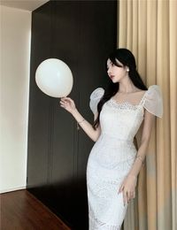 Women's square collar white puff short sleeve retro royal style lace slim waist knee length dress SML