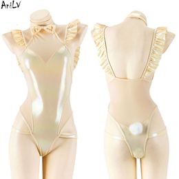 Ani Women Golden Laser One-piece Swimsuit Unifrom Cosplay Anime Beach Backless Cute Ruffle Bodysuit Outfits Costumes cosplay