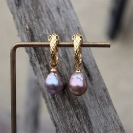 18K Gold Diamond Inlay Purple Pearl Earrings Dangle Freshwater Dual Purpose Pendant Earrings Removable