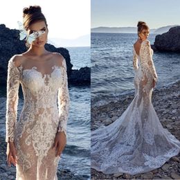 Mermaid Floral Jewel Wedding Dresses For Women Long Sleeves Lace Detachable Train Button Bridal Gowns Sexy Backless 328 328