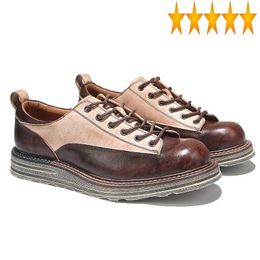 Dress Shoes Vintage Real Leather England Men Mixed Colour Patchwork Work Casual High Quality Winter Lace Up Safety Flat Sneakers