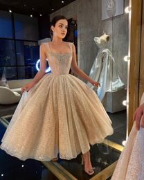 Gorgeous A Line Prom Dresses Square Neck Beaded Glitter Party Evening Dress Tea Length dresses for special ocns