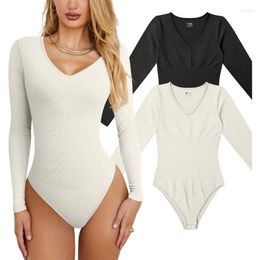 Women's Shapers Women V-Neck Long Sleeve Thong Bodysuit Plain Solid Color Skinny Bodycon Romper Top Ribbed Knit Empire Waist Jumpsuits M6CD