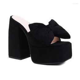 Sandals Big Size Oversize Large For Women And Ladies Square Toe Thick Heel Super High With Bow Decoration