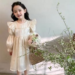 Girl Dresses Korean Girls Casual Dress Puff Sleeve Ins Fashion Clothing Wear Child 3-10 Years Long Satin Silk Autumn Winter