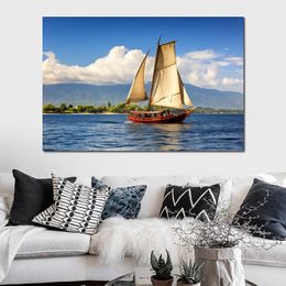 Canvas Poster Photo Print Wood Sailboat Sailing on Sea Jamaica Picture Painting for Office Room Wall Decor