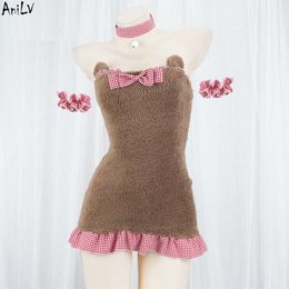 Ani Winter Warm Cute Girl Plush Bear Dress Women Cat Plaid Maid Lolita Unifrom Outfits Costumes Cosplay cosplay