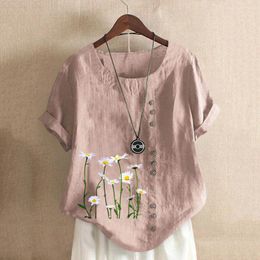 Women's Blouses Cotton Linen Womens Buttons Embroidered Floral Tops Summer Short Sleeve Loose Pullover Cute Boho Oversize Blusas Mujer