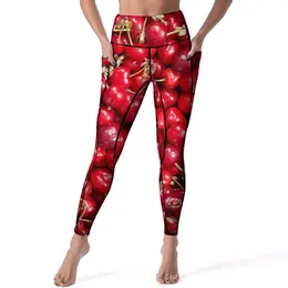 Active Pants Red Cherries Print Leggings Sweet Fruit Gym Yoga High Waist Sexy Sport Pockets Stretch Pattern Legging
