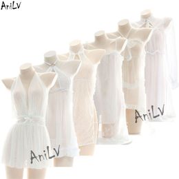 Ani Women Sexy White Chiffon Lace Halter Dress Pamas Lingerie Nightdress Uniform Costume Dream Backless Swimsuit Cosplay cosplay