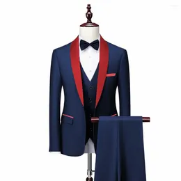 Men's Suits Suit Red Lapel Single Breasted Slim Fit Formal Wedding Party Groomsmen Blazer Pants 3 Pieces (Blazer Vest Pants)