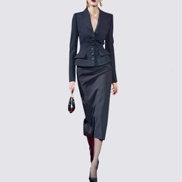 Two Piece Dress Runway Designer Notched Collar Blazer Coat Bodycon Midi Skirt Fashion 2 Pcs Set Office Work Sets 230331