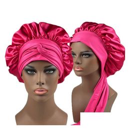 Salon Wigs Salon Wigs Satin Bonnet Silk Sleep Cap 9Colors Polyester Elastic Shower Caps Hair Hat Head Er Drop Delivery Hair Products S Dhqdw