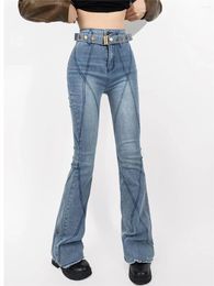 Women's Jeans Women Vintage Blue Flare 2023 Slim High Waist Denim Pants Woman Casual Rivet Belt Decor Y2K Streetwear Mujer Trousers