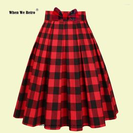 Skirts Christmas Print Women Cotton Pretty Plaid Skirt SS0012 High Waist White And Red Checkerboard Irish With Cute Bow