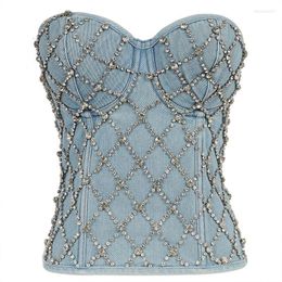 Women's Shapers Woman Sexy Shaping Jean Bra Tops Back Bandage Diamond Shiny Beading Handmade Zipper Denim Shape