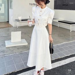 Two Piece Dress Women's Autumn Fragrant Bubble Sleeve Blazer A-line Skirt Set Vintage Solid Single Breasted Coat Half