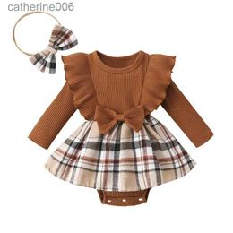 Jumpsuits Infant Girl Rompers Dress Plaid Rib Knit Ruffles Long Sleeve Skirt Hem Jumpsuits Newborn Clothes Baby Bodysuits with HeadbandL231101