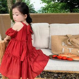 Girl Dresses Girls Summer Cotton Linen Off Shoulder Dress For Kids Toddlers Solid Ruched Beach Holiday Costume Fashion Wear