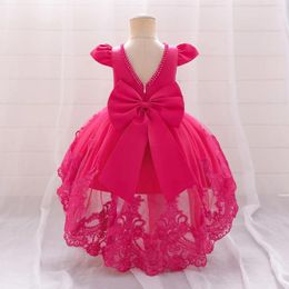 Girl Dresses Toddler Bow Baby Dress For Girls Beading Tulle Princess 1st Birthday Embroidery Kids Party Pink Baptism Costume