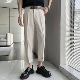 Men's Suits Belt Suit Pants Men Slim Fashion Social Mens Dress British Casual Straight Black Khaki Beige Formal Trousers